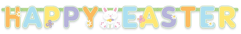 Banner spelling Happy Easter with cartoon bunny in the middle